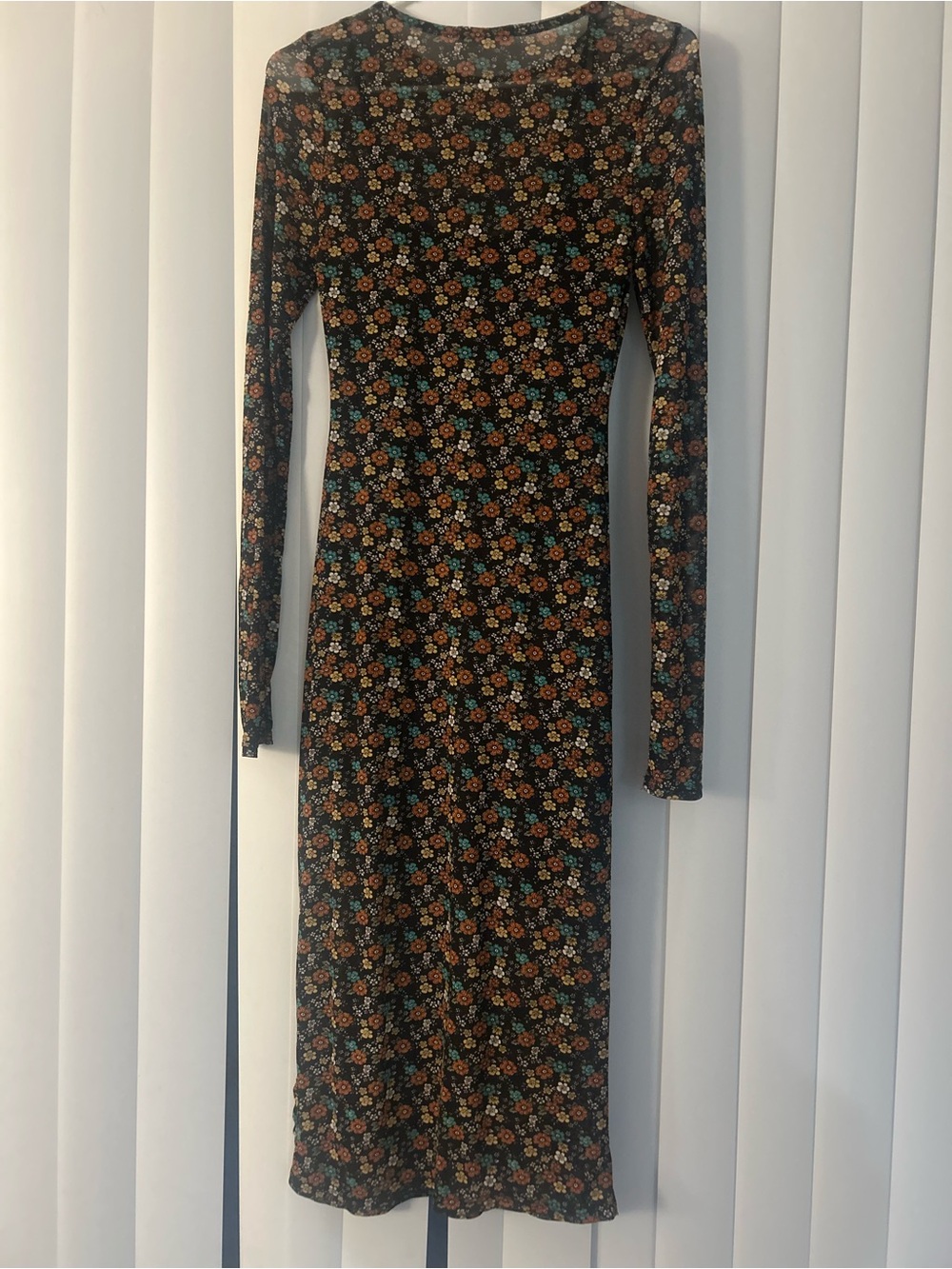 Long Sleeve Floral Midi Dress in Black